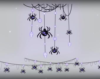 May include: A Halloween-themed illustration featuring black spiders hanging from a web and a string. The spiders have large, purple eyes and are suspended by thin lines. The background is a gradient of gray and white.