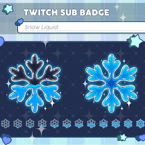 Puede incluir: Diseño de insignia de suscripción de Twitch con dos variaciones de copo de nieve. Un copo de nieve es mitad negro y mitad azul, el otro es completamente azul. El texto "TWITCH SUB BADGE" y "Snow Liquid" están en la parte superior. Estrellas y corazones decorativos.
