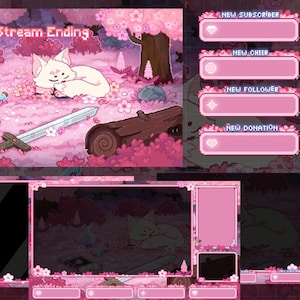 Peut inclure: Ensemble de superposition de flux d'art numérique rose et blanc. Le design comprend un chat blanc endormi, une épée et le texte "Stream Ending". L'ensemble comprend également des panneaux roses pour les alertes et une boîte de discussion.