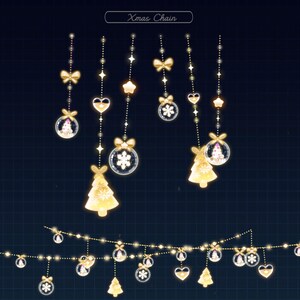 May include: A collection of gold Christmas chain decorations against a dark blue background. The chains feature various ornaments, including Christmas trees, hearts, stars, bows, and snowflake designs. The text "Xmas Chain" is at the top.