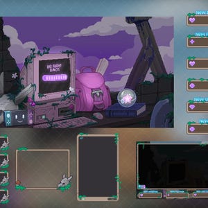 Może przedstawiać: Projekt nakładki w stylu pixel art z fioletowo-zieloną kolorystyką. Projekt zawiera monitor z napisem "Be Right Back", plecak i różne widżety do streamowania. Ogólny motyw to fantasy i gry.