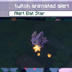 Peut inclure: Illustration numérique d'une chauve-souris violette tenant une étoile dorée, avec deux petites étoiles en dessous. Le texte "twitch animated alert" et "Alert Bat Star" est affiché au-dessus. L'arrière-plan est vert foncé avec des détails pixélisés.