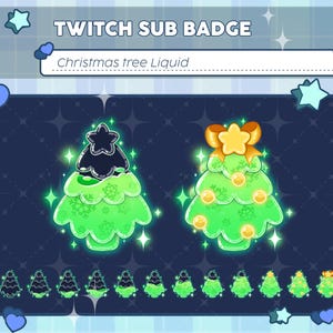 Op de afbeelding: Digitale afbeelding van Twitch sub-badges. De belangrijkste badges zijn kerstbomen met een vloeistofeffect. Eén heeft een zwarte top en de andere heeft een gouden strik en ster. Kleinere versies van de badges staan hieronder. Tekst luidt "Twitch Sub Badge" en "Christmas tree Liquid."