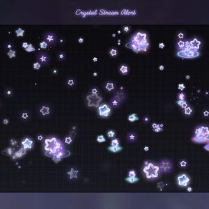 Könnte beinhalten: Eine digitale Grafiküberlagerung mit dem Titel Crystal Stream Alert, die eine Ansammlung leuchtender violetter und weißer Sterne unterschiedlicher Größe auf einem dunklen Rasterhintergrund zeigt, wobei einige Sterne Lichteffekte erzeugen.