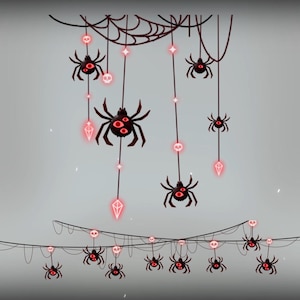 May include: Illustration of a Halloween-themed design featuring black spiders hanging from a web. The spiders have red eyes and are suspended by strings with red gem-like accents. The background is a gradient gray.