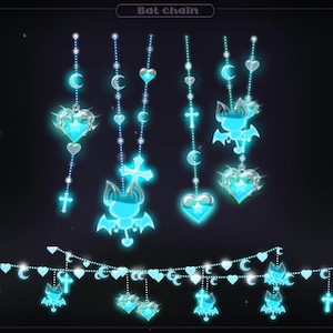 May include: A collection of glowing blue bat-themed chains and a banner. The chains feature bats, hearts, crosses, and moons. The banner at the bottom has similar elements. The text "Bat chain" is at the top.