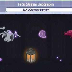 Könnte beinhalten: Eine digitale Grafik mit dem Titel Pixel Stream Decoration, die 12x Dungeon element zeigt. Das Bild enthält Pixel-Art-Symbole, darunter einen grauen Schädel, einen violetten Geist, einen roten Drachen und eine Laterne mit warmem Licht.