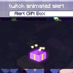 May include: A pixelated graphic of a purple gift box with yellow stripes, emitting heart shapes. The text "Alert Gift Box" is displayed in a white box, with the words "twitch animated alert" above it.