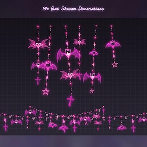 May include: A set of 19 pink glowing bat stream decorations featuring hanging bat motifs, stars, and cross shapes arranged in vertical strands and a horizontal garland. The text 19x Bat Stream Decorations is displayed at the top of the image.