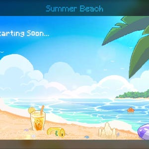 Puede incluir: Una escena de playa en pixel art con el texto Summer Beach y Starting Soon. La imagen muestra una orilla arenosa con un vaso de zumo de naranja, una consola portátil azul, un objeto amarillo, un castillo de arena y un flotador morado.