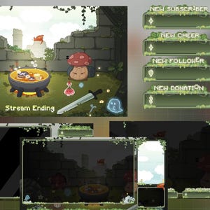 Puede incluir: Ilustración digital de una superposición de transmisión con temática de fantasía. El diseño incluye un caldero, personajes de hongos, una espada y el texto "Stream Ending". Elementos adicionales incluyen alertas animadas para nuevos suscriptores, cheers, seguidores y donaciones.