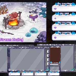 May include: A winter-themed streaming overlay with a snowy landscape, campfire, and snowman. Includes panels for new subscribers, cheers, followers, and donations. The text "Stream Ending" is also visible.