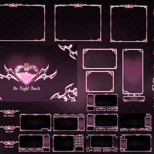 Puede incluir: Un conjunto de superposiciones de transmisión rosas y plateadas con marcos, paneles y botones decorativos. El elemento central presenta un diseño de corazón con el texto "Be Right Back". Incluye elementos para alertas y chat.