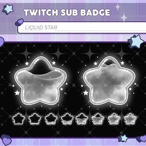 May include: A digital graphic featuring Twitch sub badges with a liquid star theme. The design includes two large star badges and several smaller star variations, all with a transparent, cloudy effect. The text "TWITCH SUB BADGE" and "LIQUID STAR" are also present.