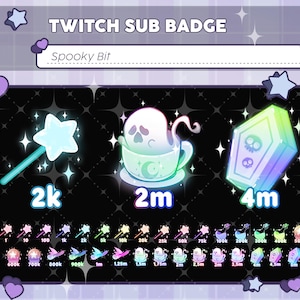 Könnte beinhalten: Ein Satz von Twitch-Sub-Badges mit einem gruseligen Thema. Die Badges zeigen einen Sternenstab, einen Geist in einer Teetasse und einen Sarg, alle in Pastellfarben. Der Text "TWITCH SUB BADGE" und "Spooky Bit" steht oben.