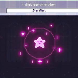Op de afbeelding: Een pixel art afbeelding met een lichtroze ster met een lachend gezicht in het midden van een gloeiende roze cirkelvormige ring. De tekst "twitch animated alert" en "Star Alert" staan in witte kaders op een donkerpaarse achtergrond.