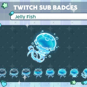 以下が含まれることがあります： 光る青いクラゲのデザインを特徴とするTwitchサブスクライバーバッジのデジタルグラフィックセット。中央に大きなクラゲのイラストが1つ、その下に8つの小さなバリエーションが並んでおり、すべてにJelly Fishというテキストが記載されています。