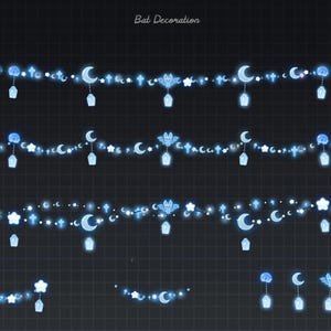 May include: Blue string lights with bat, moon, and star shapes. The lights are arranged in a decorative pattern, with a grid background. The text "Bat Decoration" is at the top.