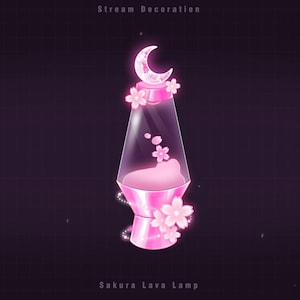 May include: Pink lava lamp featuring a crescent moon and cherry blossom details. The lamp has a clear glass section with pink liquid and floating pink flower shapes. The base and top are pink, with the text "Sakura Lava Lamp" at the bottom.