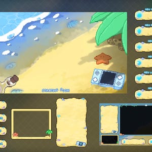 May include: A pixel art beach-themed streaming overlay with a sandy shore, ocean waves, and a handheld game console. Includes buttons for donations, followers, and other stream notifications. The text "Starting Soon" is visible.