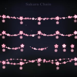 Może przedstawiać: Różowe światła Sakura Chain na ciemnym tle. Obraz przedstawia wiele pasm świecących różowych świateł z kwiatami wiśni, z tekstem "Sakura Chain" u góry. Światła są rozmieszczone w różnych konfiguracjach.