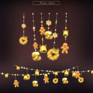 May include: A festive Christmas chain with various golden ornaments. The design includes gingerbread men, bells, wreaths, and snowflake shapes. The text "Xmas chain" is at the top. The ornaments are strung on a string of lights.