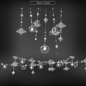 May include: A monochrome image of a decorative moon chain. The chain features hanging ornaments including moons, stars, bats, and ghost-filled pumpkins. The text "Moon Chain" is at the top.
