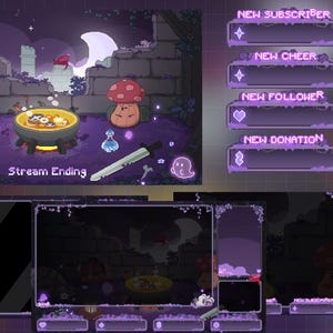 May include: A digital art stream overlay set with a purple and white color scheme. The set includes animated panels for new subscribers, cheers, followers, and donations. The scene features a cauldron, mushroom, and the text "Stream Ending."