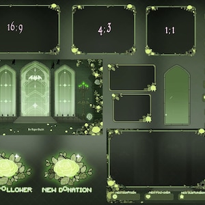 May include: A digital streaming overlay set in shades of sage green featuring floral accents, gothic arched windows, and various rectangular frames labeled 16:9, 4:3, and 1:1. Includes notification badges for new followers and donations with rose graphics.