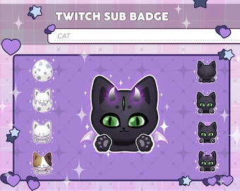 May include: A digital graphic featuring a Twitch sub badge set with a cat theme. The main image is a black cat with green eyes, horns, and bat wings. Additional badges include cat eggs and various cat designs. The text "TWITCH SUB BADGE" is at the top.