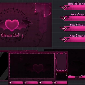 May include: A digital streaming overlay set in shades of pink and black, featuring a heart with bat wings and the text "Stream Ending." Includes panels for subscriber, cheer, follower, and donation alerts, and various display frames.