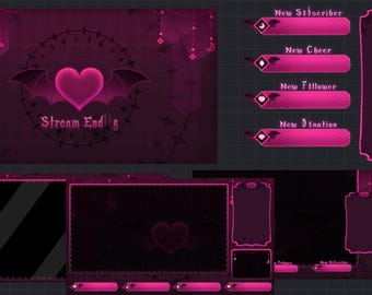 May include: A digital streaming overlay set in shades of pink and black, featuring a heart with bat wings and the text "Stream Ending." Includes panels for subscriber, cheer, follower, and donation alerts, and various display frames.