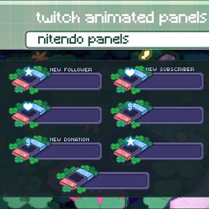 Pode incluir: Painéis Twitch animados com um design pixelizado. Os painéis incluem texto como "Novo seguidor", "Novo assinante" e "Nova doação". Cada painel apresenta um ícone estilizado e uma barra de progresso.