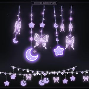 May include: A digital illustration with a dark background, showcasing glowing purple celestial elements. The design includes hanging butterflies, stars, and crescent moons, with the text "Moon Butterfly" at the top.