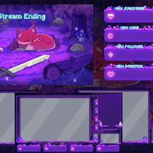Pode incluir: Uma sobreposição de arte digital para streaming, com uma raposa adormecida, uma espada e um frasco de poção em uma cena de floresta. O design inclui painéis para alertas de assinante, cheer, seguidor e doação, tudo em tons de roxo.