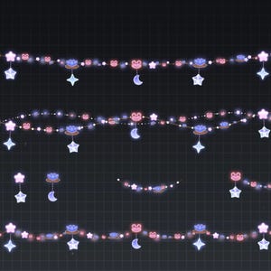 May include: Decorative string lights featuring a celestial theme. The lights include pink frog, star, and moon-shaped ornaments. The lights are strung together with small, glowing orbs, creating a whimsical and enchanting aesthetic.