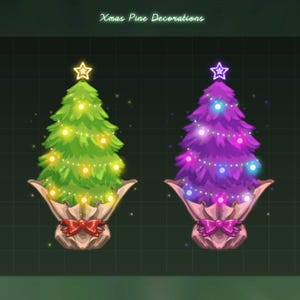 May include: Two illustrated Christmas trees with the text "Xmas Pine Decorations" at the top. One tree is green with yellow lights and a red bow, while the other is purple with blue and pink lights and a purple bow, both in wrapped bases.