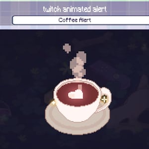 May include: A pixelated image of a coffee cup with a heart-shaped design in the coffee. The cup is on a saucer, and steam rises from the coffee. The text "Coffee Alert" is displayed above the cup.