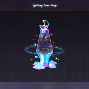 Puede incluir: Una lámpara de lava galaxia con el texto Galaxy lava lamp en la parte superior. La lámpara presenta una luna creciente en la parte superior, un cuerpo de vidrio cónico con formas oscuras flotantes, un anillo brillante y nubes azul claro.