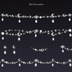May include: Decorative string lights featuring bats, moons, stars, and crosses. The lights are white and arranged in a repeating pattern. The text "Bat Decoration" is at the top. The background is a dark grid.