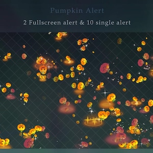 Könnte beinhalten: Eine digitale Grafik mit dem Text Pumpkin Alert und 2 Fullscreen alert & 10 single alert, vor einem dunklen Hintergrund, der mit zahlreichen kleinen, leuchtenden orangefarbenen Kürbis-Symbolen und funkelnden Sternakzenten gefüllt ist.