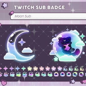 Könnte beinhalten: Digitales Twitch-Sub-Badge-Set mit einem Halbmond, Sternen und einer Katze, die einen Stern hält. Die Badges haben ein himmlisches Thema mit Pastellfarben und einem dunkelvioletten Hintergrund. Der Text lautet "Twitch Sub Badge" und "Moon Sub".
