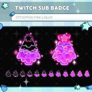 Puede incluir: Insignias digitales de suscripción de Twitch con diseños de árboles de Navidad. Las insignias son en tonos negros y morados, con detalles de copos de nieve y estrellas. El texto "Twitch Sub Badge" y "Christmas tree Liquid" está en la parte superior.