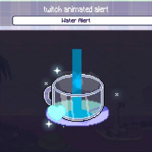 May include: A pixelated animated alert for Twitch, featuring a cup filling with blue liquid. The text "Water Alert" is displayed above the cup. The image has a dark background with a few stars and a heart.