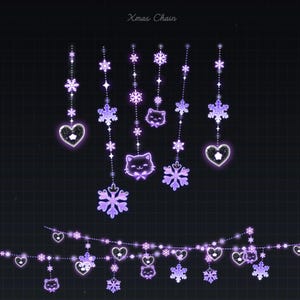 May include: A digital illustration of a Christmas chain with purple glowing lights. The chain features heart, snowflake, and cat-shaped ornaments. The text "Xmas Chain" is at the top. The background is dark with a grid pattern.