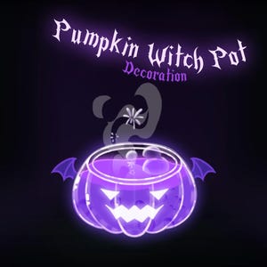 Könnte beinhalten: Leuchtende lila Halloween-Dekoration mit einem kürbisförmigen Kessel mit Fledermausflügeln. Der Kessel hat ein geschnitztes Kürbisgesicht und stößt Rauch aus. Der Text "Pumpkin Witch Pot Decoration" befindet sich über dem Kessel.