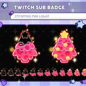 Puede incluir: Conjunto de insignias de suscripción de Twitch con un diseño de árbol de Navidad. Las insignias son de color rosa y negro con una estrella en la parte superior. El texto "Twitch Sub Badge" y "Christmas tree Liquid" se muestra en la parte superior de la imagen.