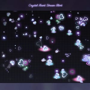 Könnte beinhalten: Eine digitale Grafik mit dem Titel Crystal Heart Stream Alert, die einen dunklen Hintergrund mit zahlreichen leuchtenden, durchscheinenden Herz- und Kristallformen in Violett-, Blau- und Weißtönen zeigt, die einen diffusen Lichteffekt erzeugen.
