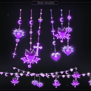 May include: A selection of purple bat-themed chains and garlands. The chains feature bats, hearts, crosses, and moons. The text "Bat chain" is at the top. The design is set against a dark background with small white dots.