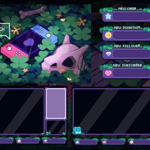 May include: A digital streaming overlay with a forest theme, including a Nintendo Switch, a skull, and clover. The text "BE RIGHT BACK" is in a speech bubble. Panels for alerts and chat are also present.
